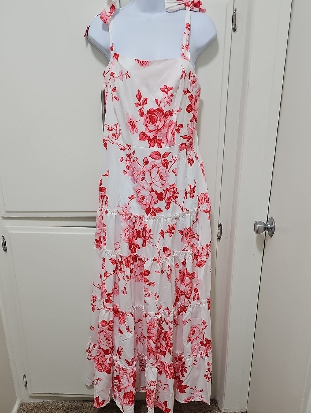 Trendy boutique White Maxi Dress with Red Floral Print